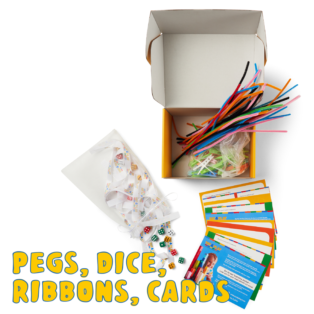 Resources on our Family Day Care Educational Activity Kit, containing dice, pegs, pipe cleaners and memory cards