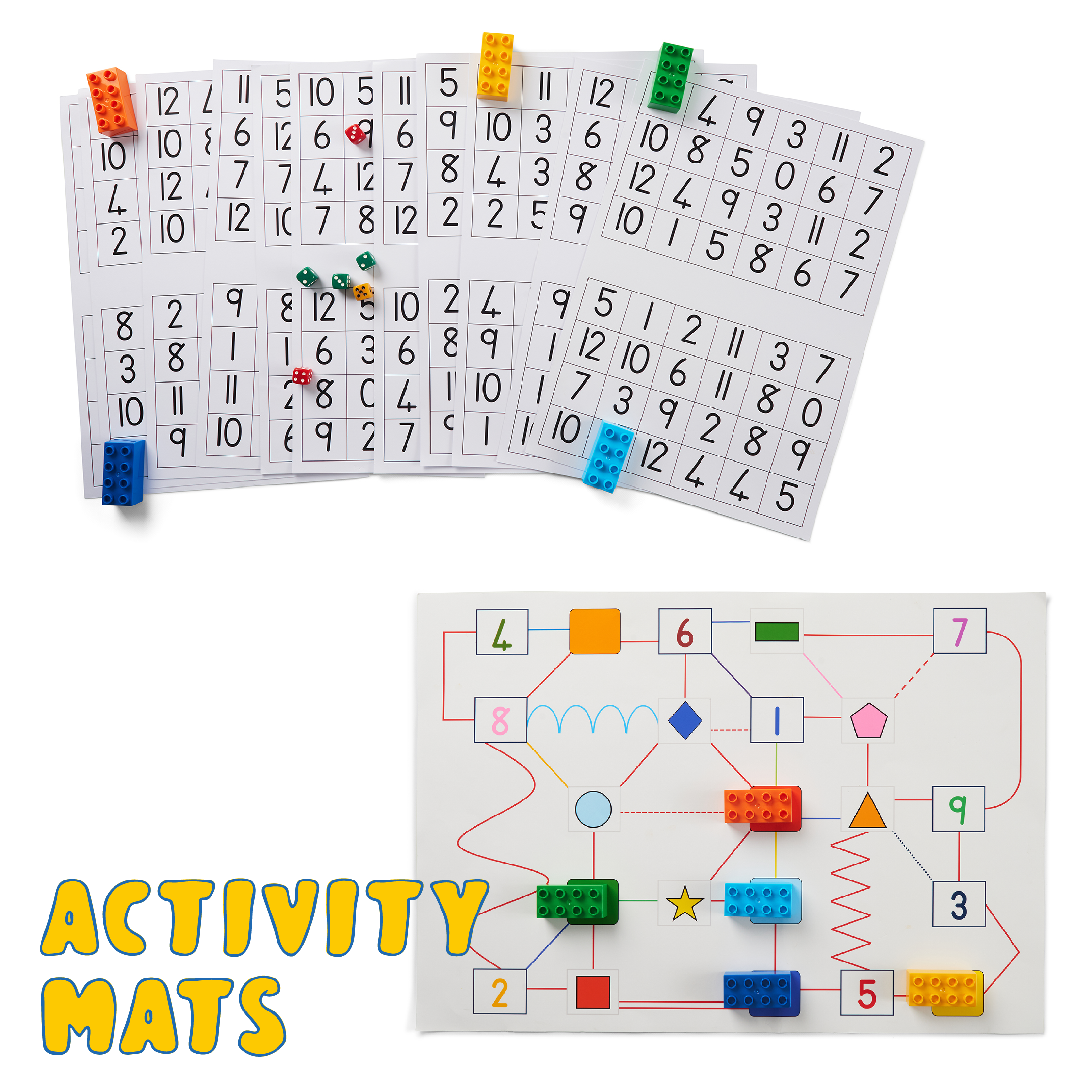 Printed mats for working numeracy, shapes, colours and numbers