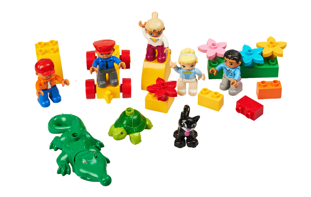Colourful figures, animals and flowers plastic building blocks